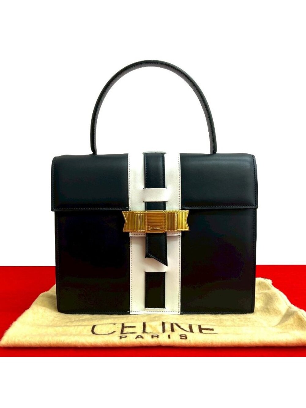 Celine Vintage Logo Ribbon Leather Handbag Mini Tote Navy White